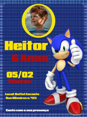 Convite Aniversário Sonic com Foto para Editar Online