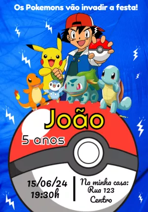 Convite Aniversário Pokemon com Personagens para Editar Online