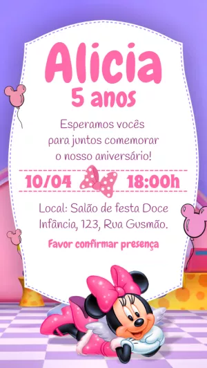 Convite de Aniversário Minnie Rosa para Editar Online