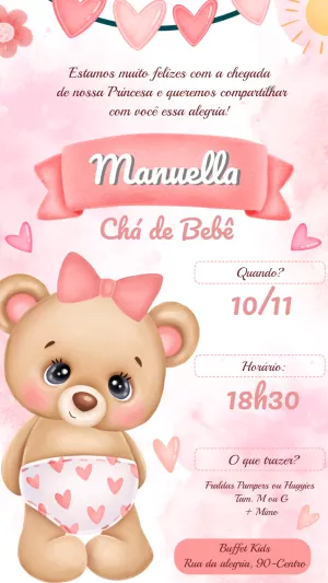 Convite Chá de Bebê Ursinha Rosa para Editar Online