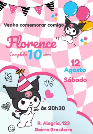 Convite de Aniversário Kuromi Editável para Imprimir