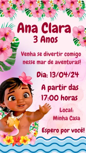 Convite de Aniversário Moana Baby Tropical para Editar Online