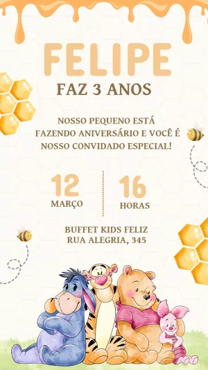 Convite de Aniversário Ursinho Pooh Aquarela para Editar