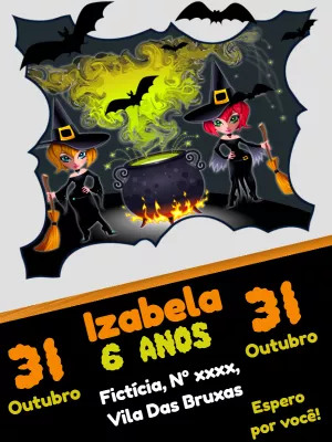 Convite Aniversário Halloween com Bruxinhas para Editar Online