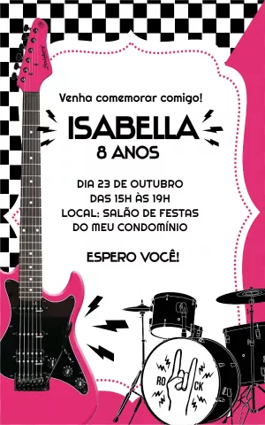 Convite Aniversário Rock Star Menina com Guitarra para Editar