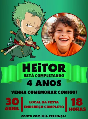 Convite Aniversário Zoro One Piece com Foto para Editar Online
