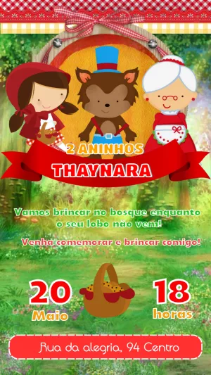 Convite Aniversário Chapeuzinho Vermelho com Personagens para Editar