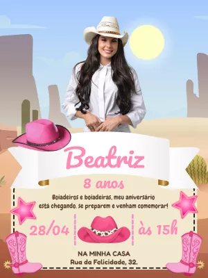 Convite Aniversário Boiadeira com Foto para Editar Online