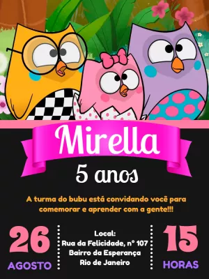 Convite de Aniversário Bubu e as Corujinhas para Editar