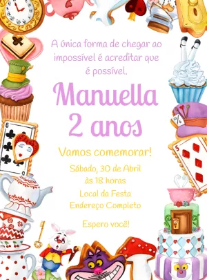 Convite Aniversário Alice no País das Maravilhas para Editar