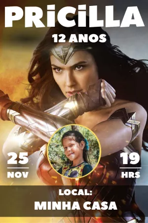 Convite Aniversário Mulher Maravilha com Foto para Editar