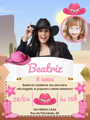 Convite Aniversário Boiadeira com Foto para Editar Online
