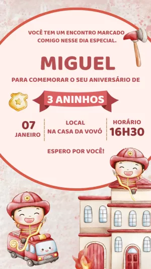 Convite de Aniversário Bombeiro Infantil para Editar Online