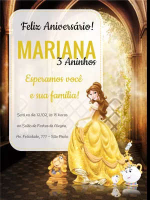 Convite de Aniversário A Bela e a Fera para Editar Online