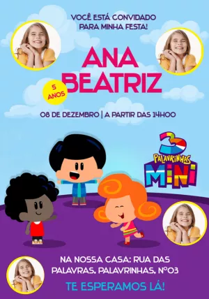 Convite Aniversário 3 Palavrinhas Mini para Editar Online