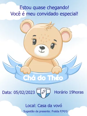 Convite Chá de Fraldas Ursinho Azul para Editar Online