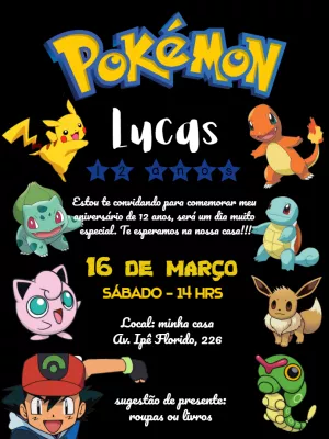 Convite de Aniversário Pokémon com Personagens para Editar