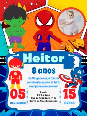 Convite Aniversário Vingadores com Foto para Editar Online
