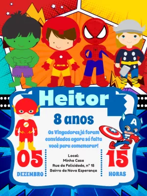 Convite Aniversário Vingadores com Heróis para Editar Online