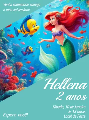 Convite Aniversário Pequena Sereia Ariel para Editar Online