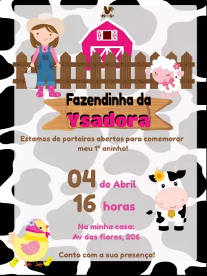 Convite Aniversário Fazendinha Rosa Menina para Editar Online