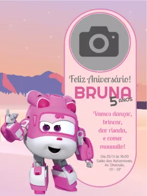 Convite de Aniversário Super Wings com Foto para Editar