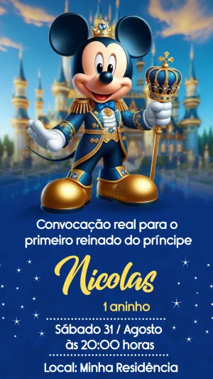 Convite Aniversário Mickey Realeza para Editar Online
