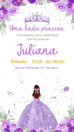 Convite 15 Anos Princesa Lilás com Flores para Editar Online