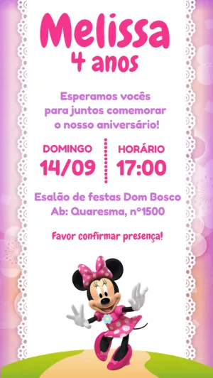 Convite de Aniversário Minnie Rosa Sorridente para Editar