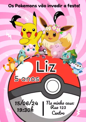 Convite Aniversário Pokémon com Personagens para Editar Online