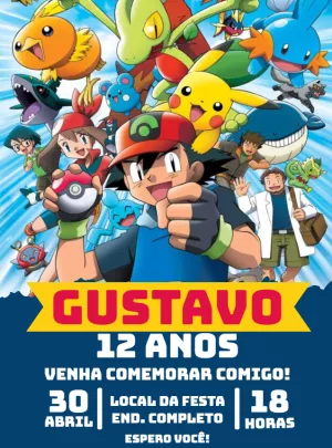 Convite de Aniversário Pokémon com Personagens para Editar Online