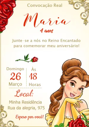 Convite Aniversário Bela e a Fera Editável Online