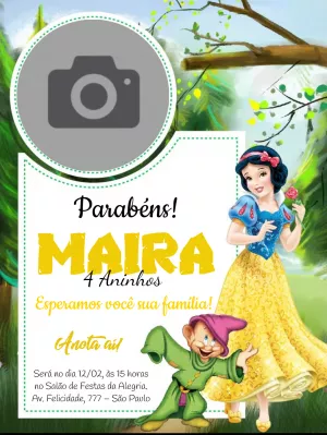 Convite Aniversário Branca de Neve com Foto para Editar Online