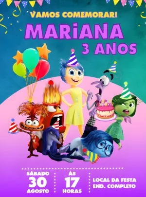 Convite Aniversário Divertida Mente 2 com Personagens para Editar