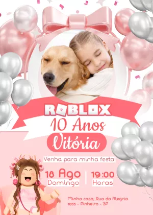 Convite Aniversário Roblox Menina com Foto para Editar Online