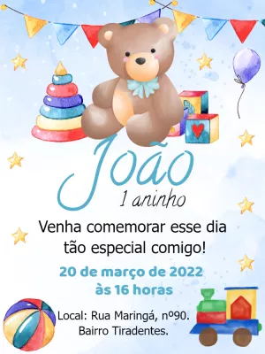 Convite Aniversário Ursinho e Brinquedos para Editar Online