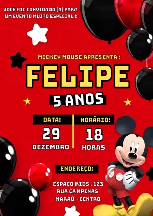 Convite de Aniversário Mickey Mouse Editável para Enviar Online