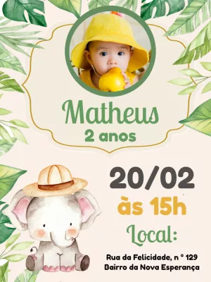 Convite Aniversário Elefante Safari com Foto para Editar Online
