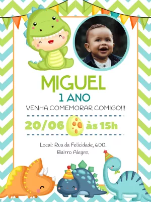 Convite Aniversário Dinossauro Baby com Foto para Editar Online