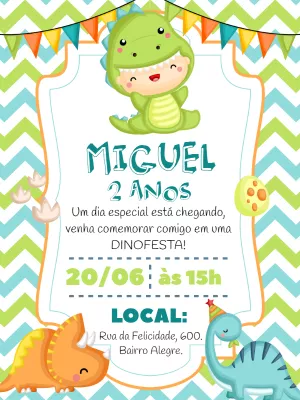 Convite Aniversário Dinossauro Baby Fofo para Editar Online