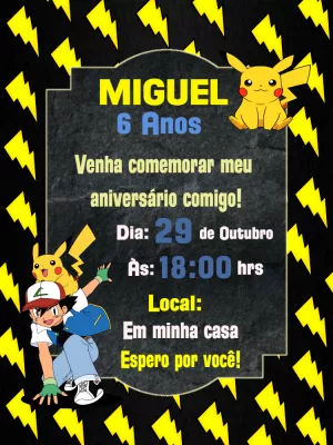 Convite de Aniversário Pokémon com Pikachu para Editar Online