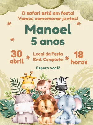Convite de Aniversário Safari com Animais Fofos para Editar Online