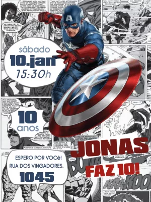 Convite Aniversário Capitão América Quadrinhos com Foto para Editar