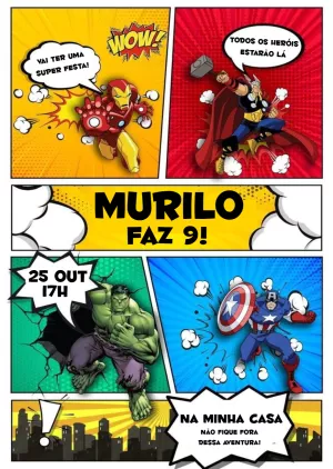 Convite Aniversário Super Heróis Quadrinhos para Editar Online