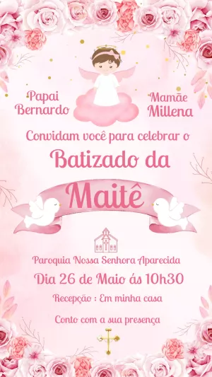 Convite de Batizado Menina Floral Rosa para Editar Online