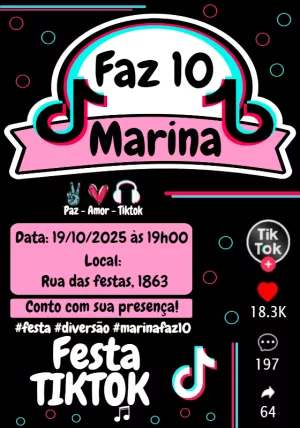 Convite de Aniversário Tema TikTok para Editar Online