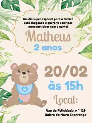 Convite de Aniversário Ursinho Fofo com Folhas para Editar
