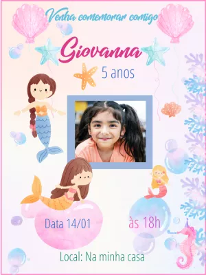 Convite de Aniversário Sereia com Foto para Editar Online