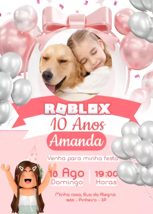 Convite Aniversário Roblox Menina com Foto para Editar Online