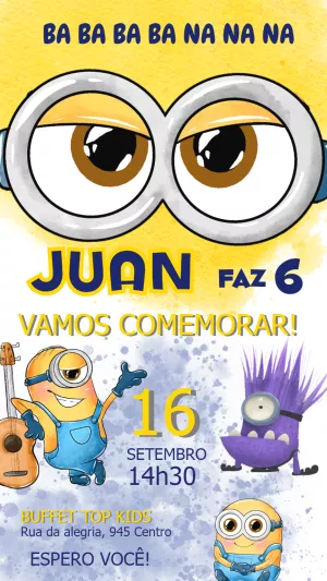 Convite Aniversário Minions Aquarela para Editar Online